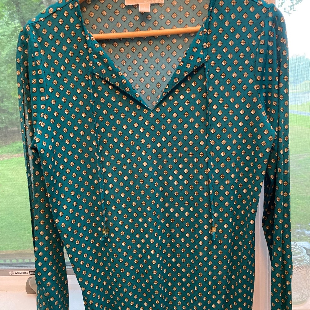 Michael Kors, green blouse, long sleeve with open slit sleeves, size small